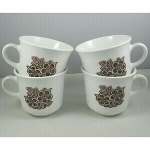 4 Vintage Corelle Batik Coffee Mugs Cups 8 Oz Brown White Floral CorningWare